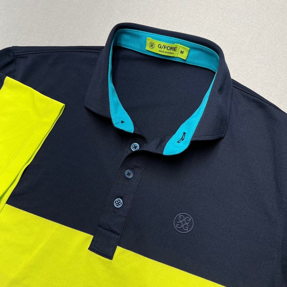 G/FORE Mens Colorblock Performance Golf Polo Shirt Navy Neon Yellow Grey Size M